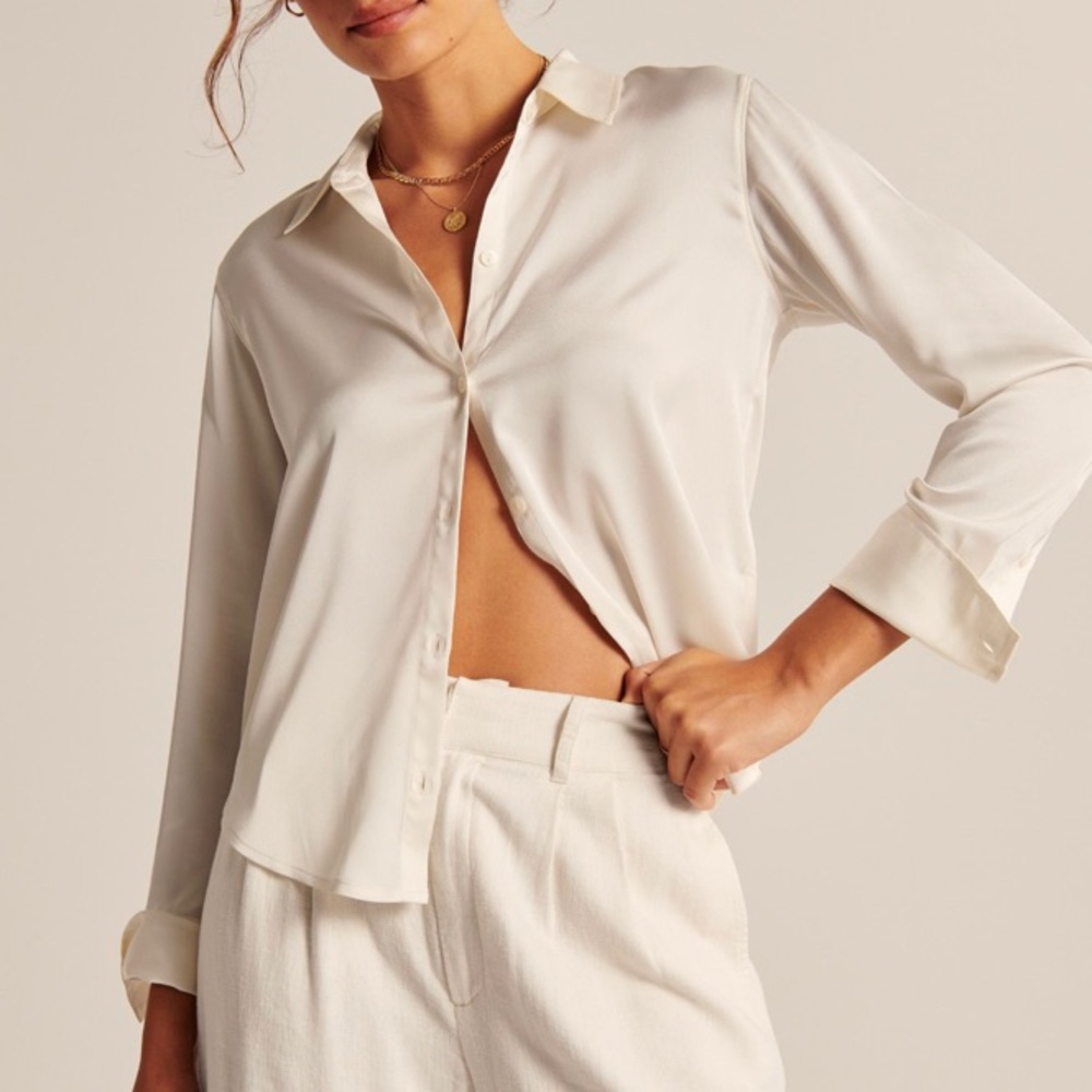 Satin Long Sleeve Button Up Shirt Abercrombie and Fitch